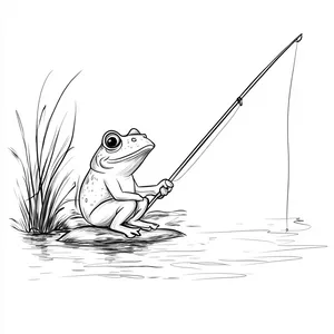 Coloring pages with A frog fishing with a rod.